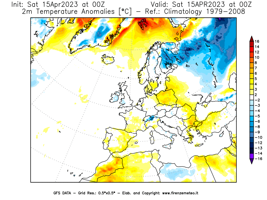GFS analysi map - Temperature Anomalies [°C] at 2 m in Europe
									on 15/04/2023 00 <!--googleoff: index-->UTC<!--googleon: index-->
