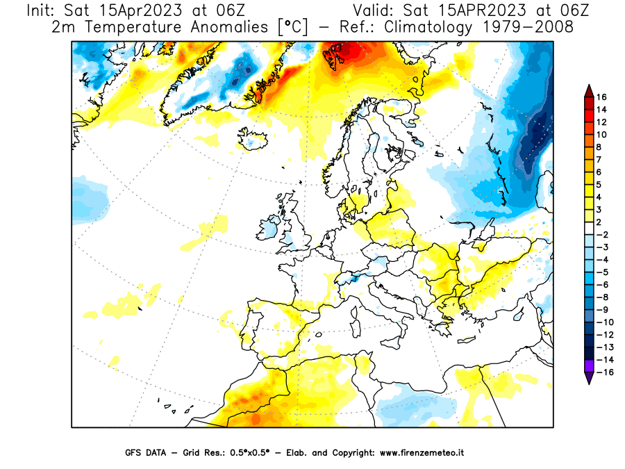Mappa di analisi GFS - Anomalia Temperatura [°C] a 2 m in Europa
							del 15/04/2023 06 <!--googleoff: index-->UTC<!--googleon: index-->