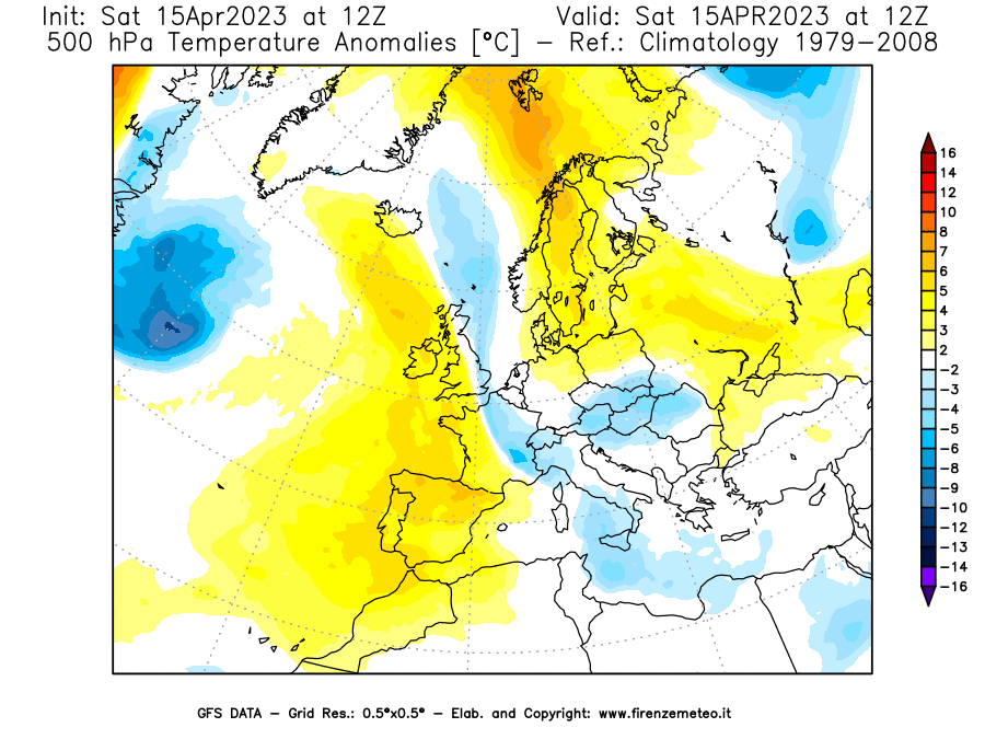 GFS analysi map - Temperature Anomalies [°C] at 500 hPa in Europe
									on 15/04/2023 12 <!--googleoff: index-->UTC<!--googleon: index-->