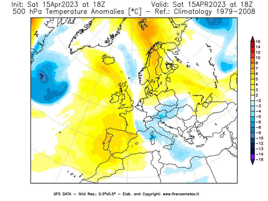 GFS analysi map - Temperature Anomalies [°C] at 500 hPa in Europe
									on 15/04/2023 18 <!--googleoff: index-->UTC<!--googleon: index-->