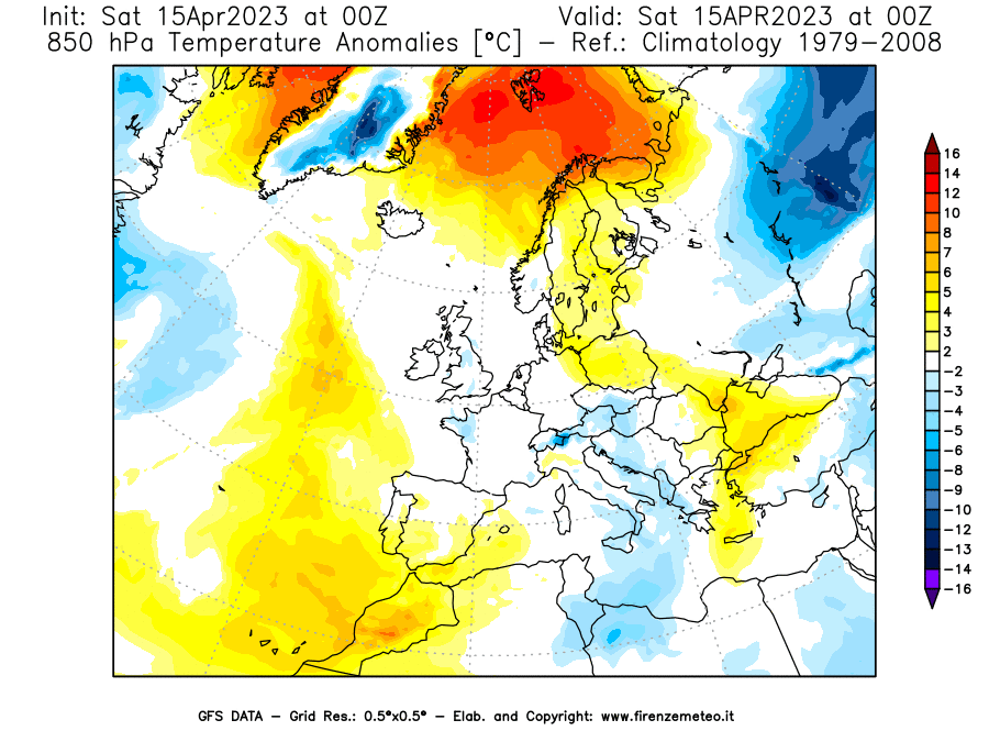 GFS analysi map - Temperature Anomalies [°C] at 850 hPa in Europe
									on 15/04/2023 00 <!--googleoff: index-->UTC<!--googleon: index-->