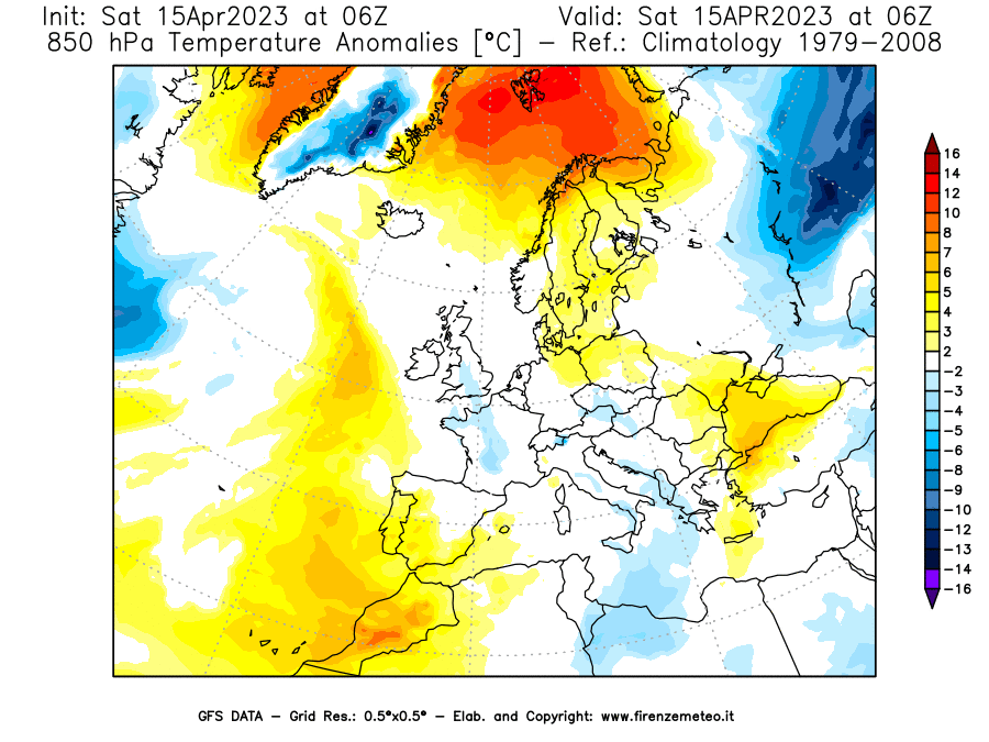 Mappa di analisi GFS - Anomalia Temperatura [°C] a 850 hPa in Europa
							del 15/04/2023 06 <!--googleoff: index-->UTC<!--googleon: index-->