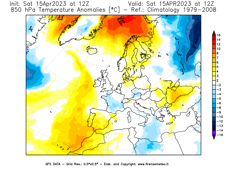 Mappa di analisi GFS - Anomalia Temperatura [°C] a 850 hPa in Europa
							del 15/04/2023 12 <!--googleoff: index-->UTC<!--googleon: index-->