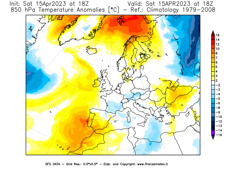 GFS analysi map - Temperature Anomalies [°C] at 850 hPa in Europe
									on 15/04/2023 18 <!--googleoff: index-->UTC<!--googleon: index-->