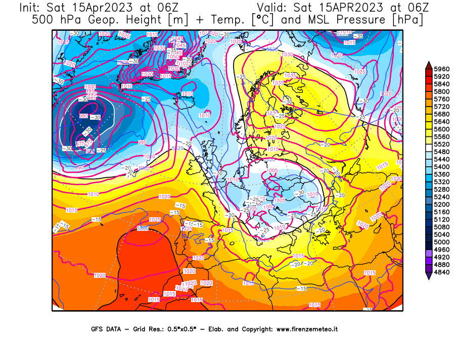 GFS analysi map - Geopotential [m] + Temp. [°C] at 500 hPa + Sea Level Pressure [hPa] in Europe
									on 15/04/2023 06 <!--googleoff: index-->UTC<!--googleon: index-->