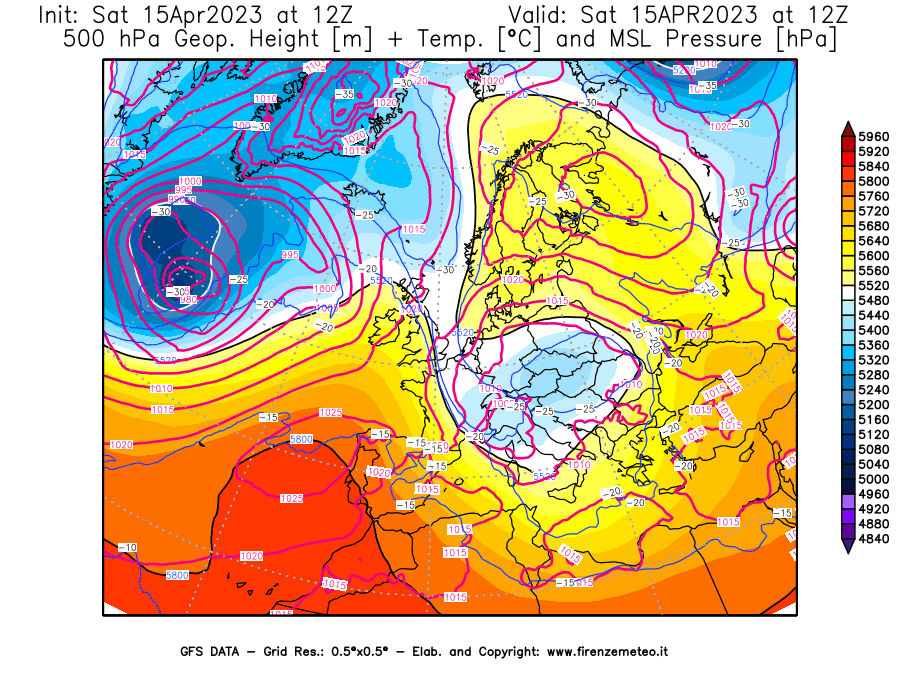 GFS analysi map - Geopotential [m] + Temp. [°C] at 500 hPa + Sea Level Pressure [hPa] in Europe
									on 15/04/2023 12 <!--googleoff: index-->UTC<!--googleon: index-->