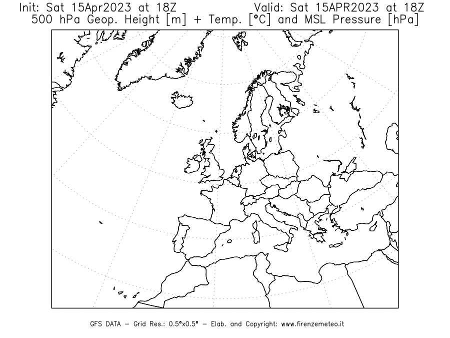 Mappa di analisi GFS - Geopotenziale [m] + Temp. [°C] a 500 hPa + Press. a livello del mare [hPa] in Europa
							del 15/04/2023 18 <!--googleoff: index-->UTC<!--googleon: index-->
