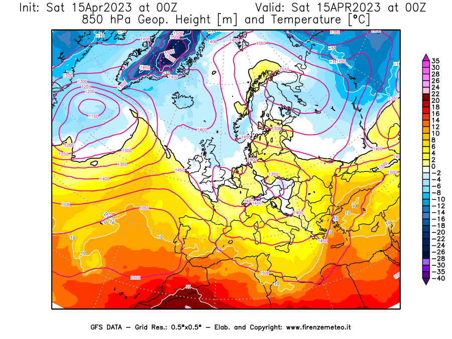 GFS analysi map - Geopotential [m] and Temperature [°C] at 850 hPa in Europe
									on 15/04/2023 00 <!--googleoff: index-->UTC<!--googleon: index-->