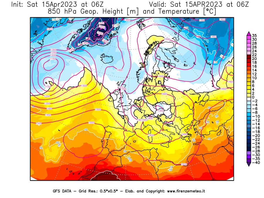 Mappa di analisi GFS - Geopotenziale [m] e Temperatura [°C] a 850 hPa in Europa
							del 15/04/2023 06 <!--googleoff: index-->UTC<!--googleon: index-->