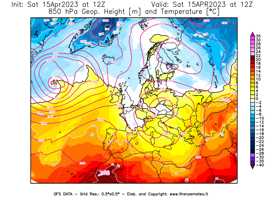 GFS analysi map - Geopotential [m] and Temperature [°C] at 850 hPa in Europe
									on 15/04/2023 12 <!--googleoff: index-->UTC<!--googleon: index-->