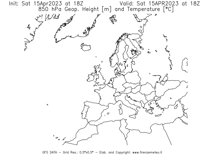 GFS analysi map - Geopotential [m] and Temperature [°C] at 850 hPa in Europe
									on 15/04/2023 18 <!--googleoff: index-->UTC<!--googleon: index-->