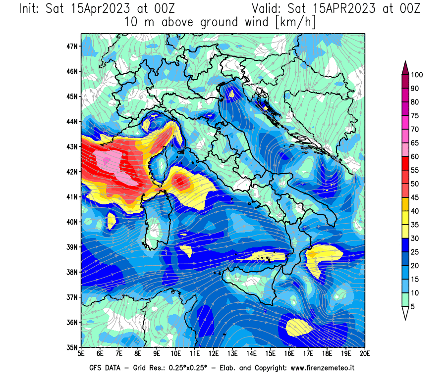 GFS analysi map - Wind Speed at 10 m above ground [km/h] in Italy
									on 15/04/2023 00 <!--googleoff: index-->UTC<!--googleon: index-->