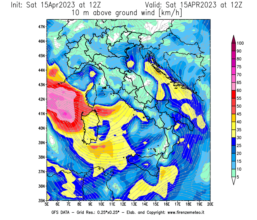 Mappa di analisi GFS - Velocità del vento a 10 metri dal suolo [km/h] in Italia
							del 15/04/2023 12 <!--googleoff: index-->UTC<!--googleon: index-->