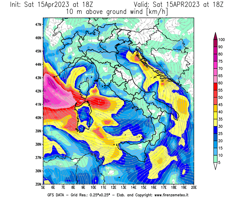 GFS analysi map - Wind Speed at 10 m above ground [km/h] in Italy
									on 15/04/2023 18 <!--googleoff: index-->UTC<!--googleon: index-->