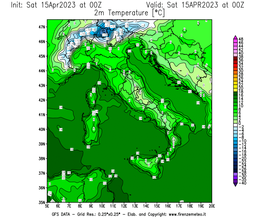 Mappa di analisi GFS - Temperatura a 2 metri dal suolo [°C] in Italia
							del 15/04/2023 00 <!--googleoff: index-->UTC<!--googleon: index-->