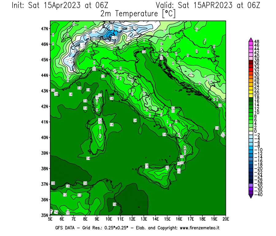 GFS analysi map - Temperature at 2 m above ground [°C] in Italy
									on 15/04/2023 06 <!--googleoff: index-->UTC<!--googleon: index-->