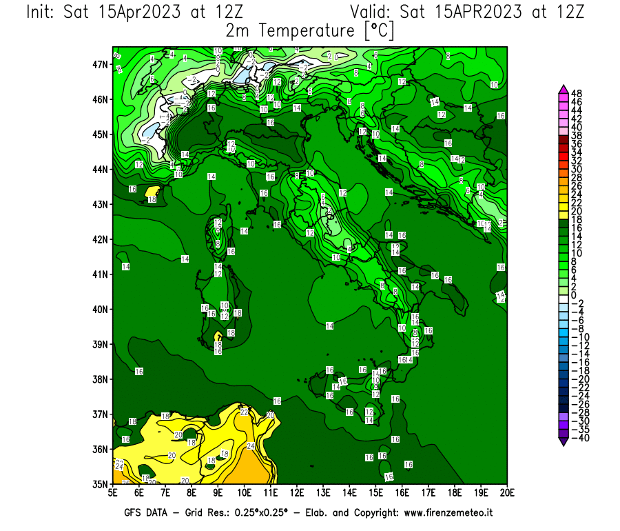 Mappa di analisi GFS - Temperatura a 2 metri dal suolo [°C] in Italia
							del 15/04/2023 12 <!--googleoff: index-->UTC<!--googleon: index-->