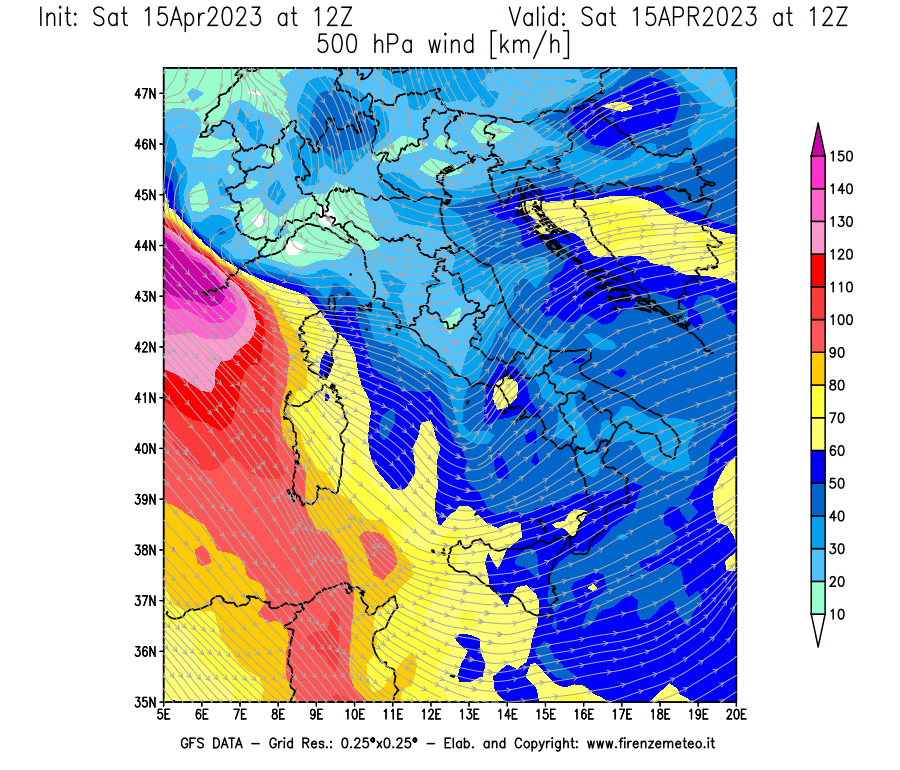 Mappa di analisi GFS - Velocità del vento a 500 hPa [km/h] in Italia
							del 15/04/2023 12 <!--googleoff: index-->UTC<!--googleon: index-->