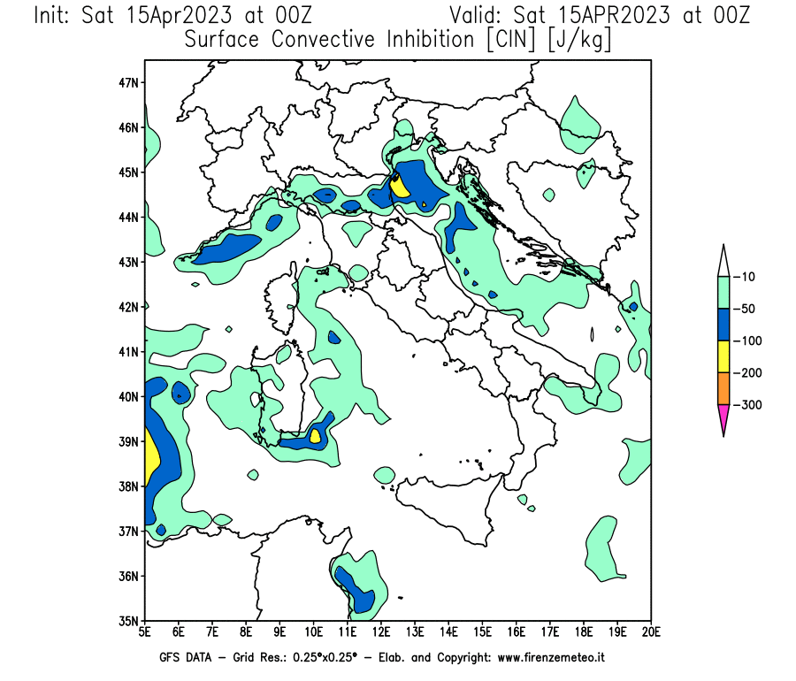 Mappa di analisi GFS - CIN [J/kg] in Italia
							del 15/04/2023 00 <!--googleoff: index-->UTC<!--googleon: index-->