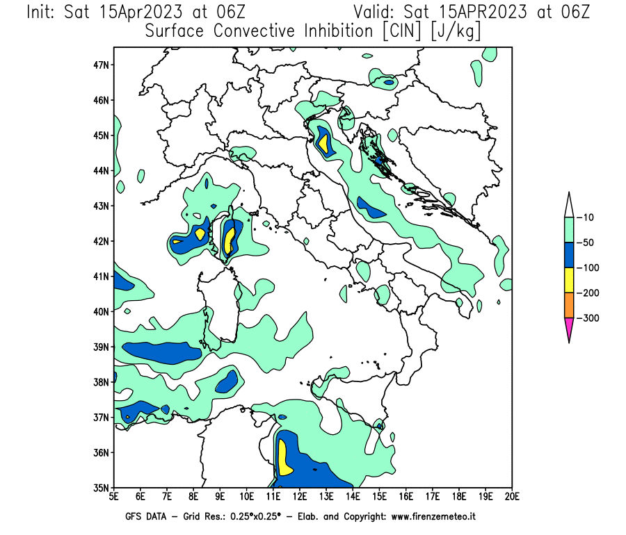 Mappa di analisi GFS - CIN [J/kg] in Italia
							del 15/04/2023 06 <!--googleoff: index-->UTC<!--googleon: index-->