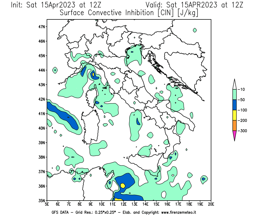 Mappa di analisi GFS - CIN [J/kg] in Italia
							del 15/04/2023 12 <!--googleoff: index-->UTC<!--googleon: index-->