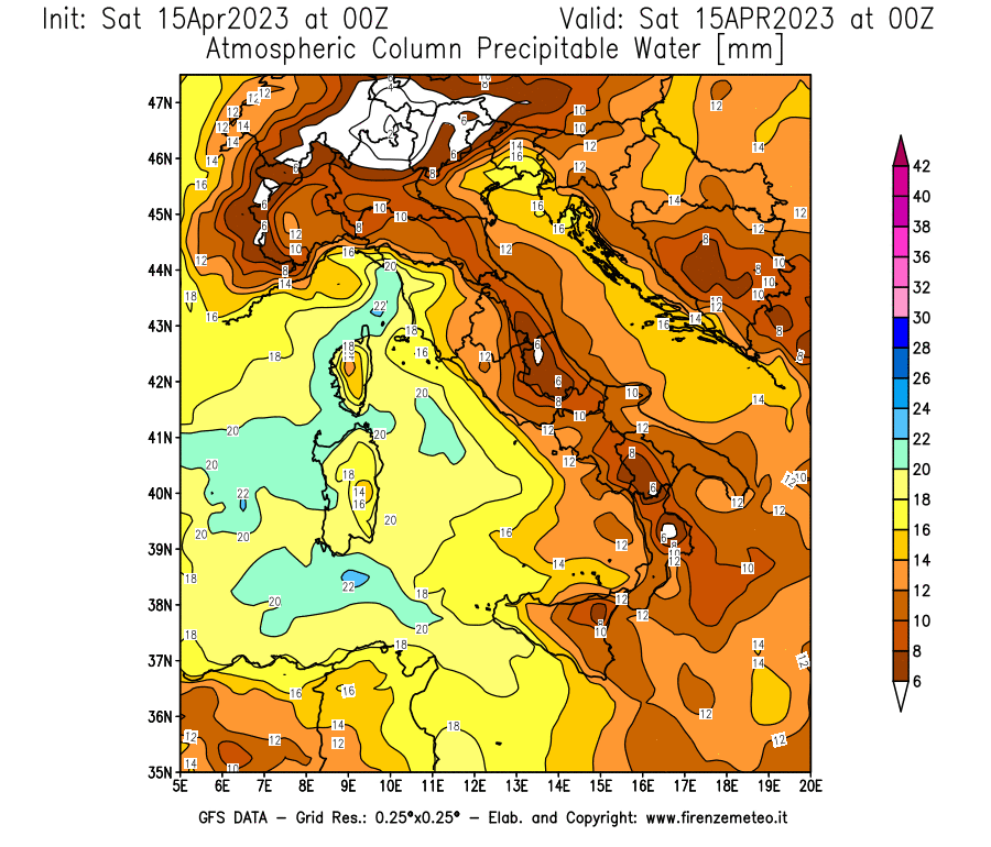 GFS analysi map - Precipitable Water [mm] in Italy
									on 15/04/2023 00 <!--googleoff: index-->UTC<!--googleon: index-->