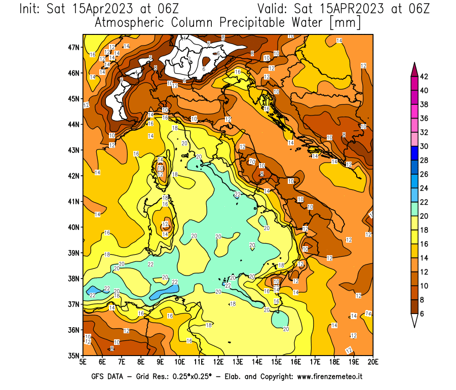 Mappa di analisi GFS - Precipitable Water [mm] in Italia
							del 15/04/2023 06 <!--googleoff: index-->UTC<!--googleon: index-->