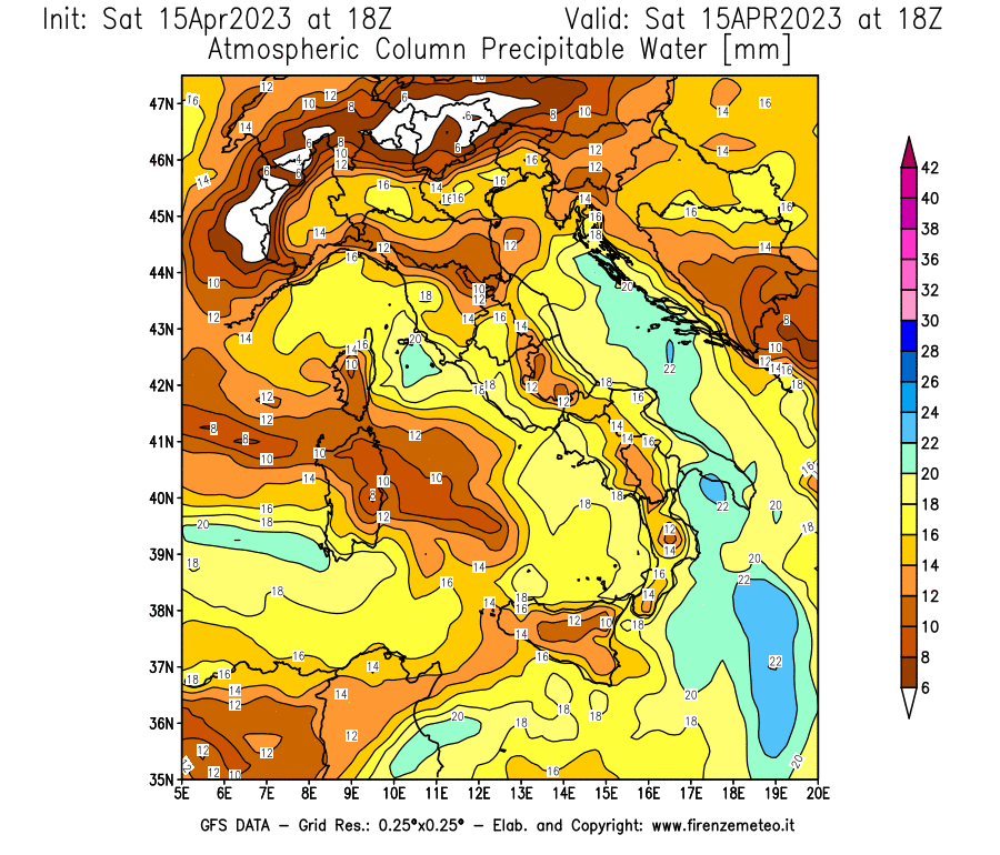 GFS analysi map - Precipitable Water [mm] in Italy
									on 15/04/2023 18 <!--googleoff: index-->UTC<!--googleon: index-->