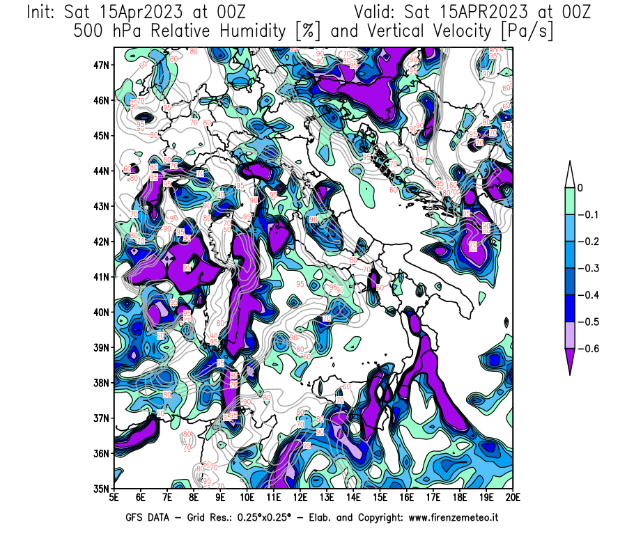 Mappa di analisi GFS - Umidità relativa [%] e Omega [Pa/s] a 500 hPa in Italia
							del 15/04/2023 00 <!--googleoff: index-->UTC<!--googleon: index-->