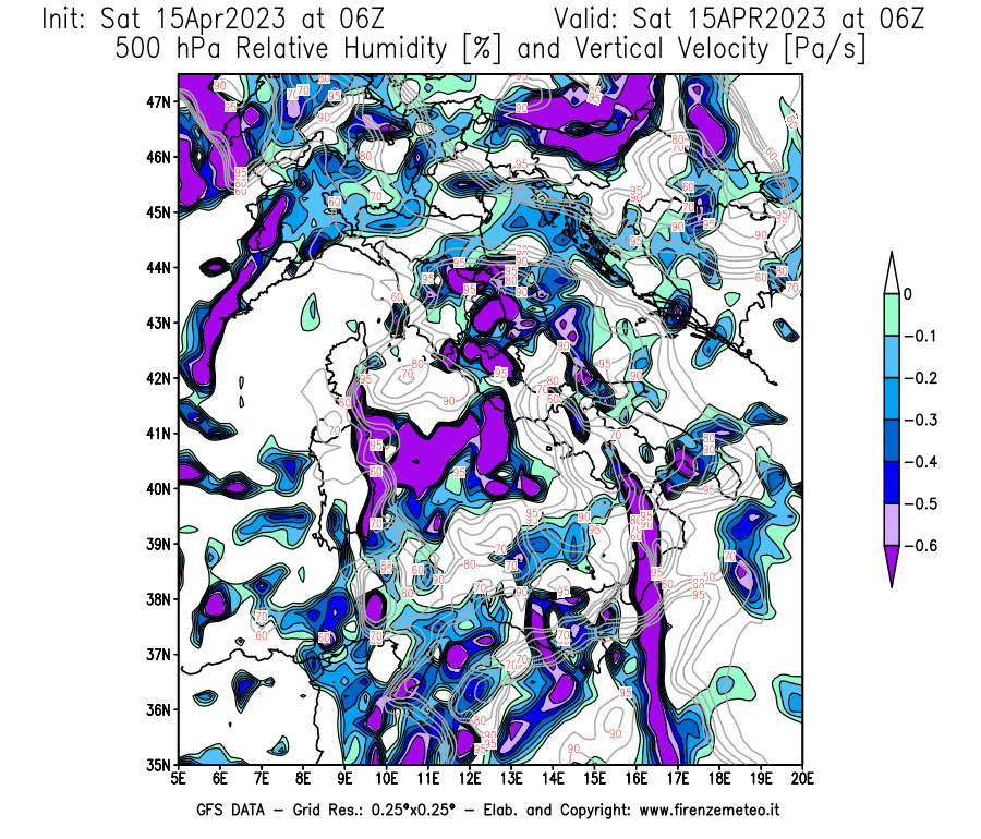 Mappa di analisi GFS - Umidità relativa [%] e Omega [Pa/s] a 500 hPa in Italia
							del 15/04/2023 06 <!--googleoff: index-->UTC<!--googleon: index-->