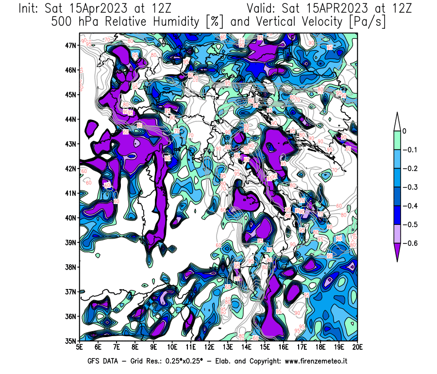 Mappa di analisi GFS - Umidità relativa [%] e Omega [Pa/s] a 500 hPa in Italia
							del 15/04/2023 12 <!--googleoff: index-->UTC<!--googleon: index-->