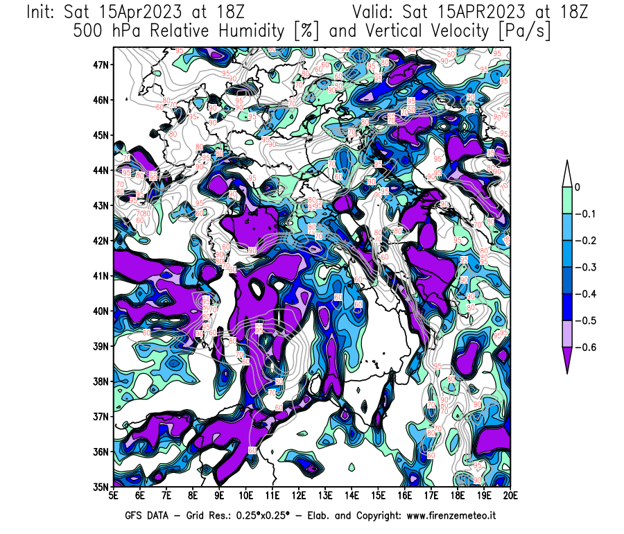 Mappa di analisi GFS - Umidità relativa [%] e Omega [Pa/s] a 500 hPa in Italia
							del 15/04/2023 18 <!--googleoff: index-->UTC<!--googleon: index-->