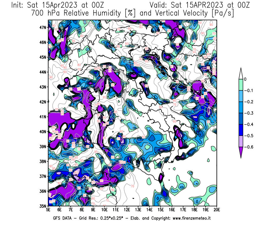 Mappa di analisi GFS - Umidità relativa [%] e Omega [Pa/s] a 700 hPa in Italia
							del 15/04/2023 00 <!--googleoff: index-->UTC<!--googleon: index-->