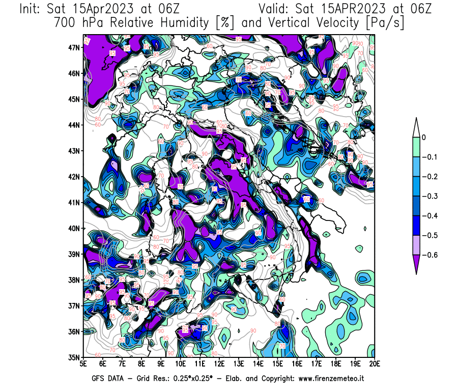 Mappa di analisi GFS - Umidità relativa [%] e Omega [Pa/s] a 700 hPa in Italia
							del 15/04/2023 06 <!--googleoff: index-->UTC<!--googleon: index-->