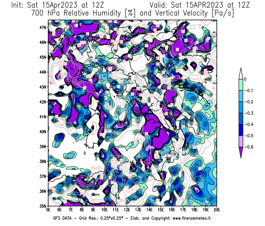 GFS analysi map - Relative Umidity [%] and Omega [Pa/s] at 700 hPa in Italy
									on 15/04/2023 12 <!--googleoff: index-->UTC<!--googleon: index-->