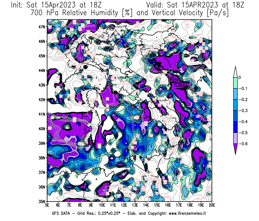Mappa di analisi GFS - Umidità relativa [%] e Omega [Pa/s] a 700 hPa in Italia
							del 15/04/2023 18 <!--googleoff: index-->UTC<!--googleon: index-->