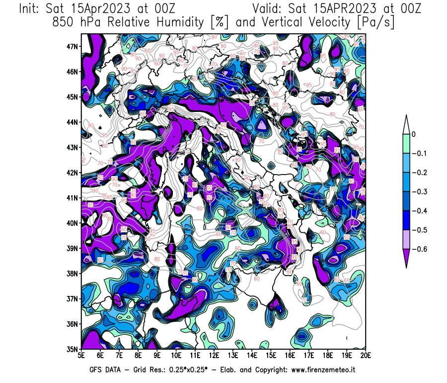 Mappa di analisi GFS - Umidità relativa [%] e Omega [Pa/s] a 850 hPa in Italia
							del 15/04/2023 00 <!--googleoff: index-->UTC<!--googleon: index-->