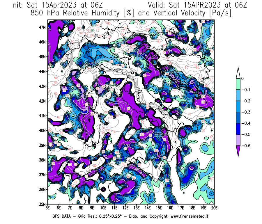 Mappa di analisi GFS - Umidità relativa [%] e Omega [Pa/s] a 850 hPa in Italia
							del 15/04/2023 06 <!--googleoff: index-->UTC<!--googleon: index-->