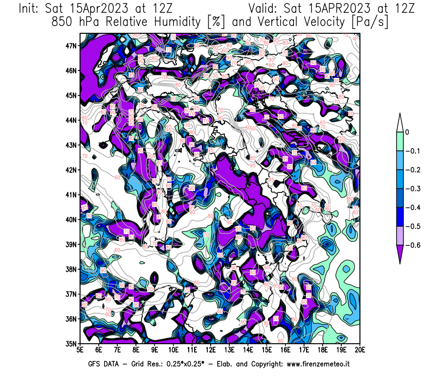 Mappa di analisi GFS - Umidità relativa [%] e Omega [Pa/s] a 850 hPa in Italia
							del 15/04/2023 12 <!--googleoff: index-->UTC<!--googleon: index-->