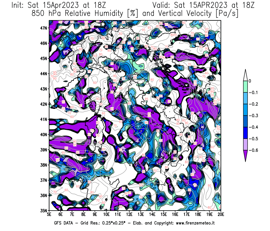 Mappa di analisi GFS - Umidità relativa [%] e Omega [Pa/s] a 850 hPa in Italia
							del 15/04/2023 18 <!--googleoff: index-->UTC<!--googleon: index-->