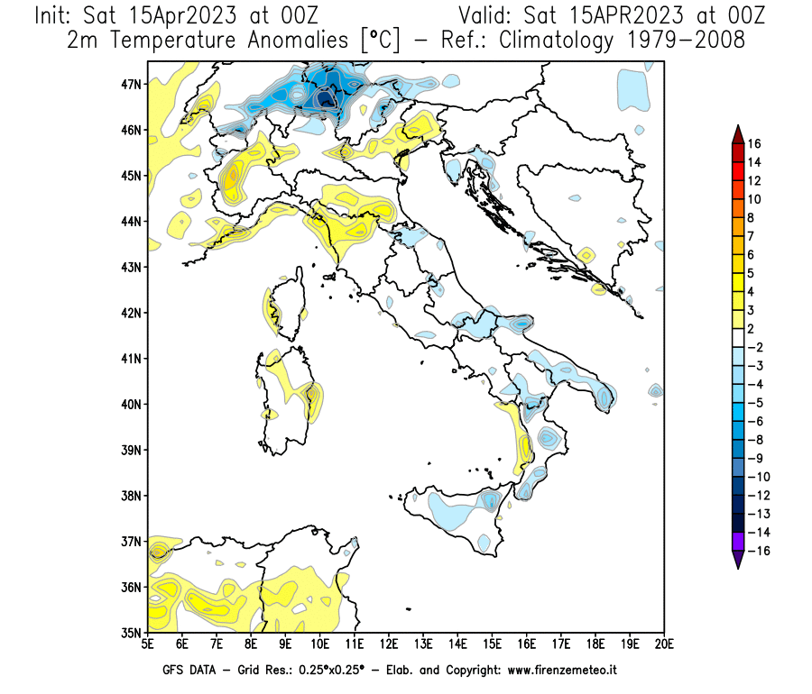 Mappa di analisi GFS - Anomalia Temperatura [°C] a 2 m in Italia
							del 15/04/2023 00 <!--googleoff: index-->UTC<!--googleon: index-->