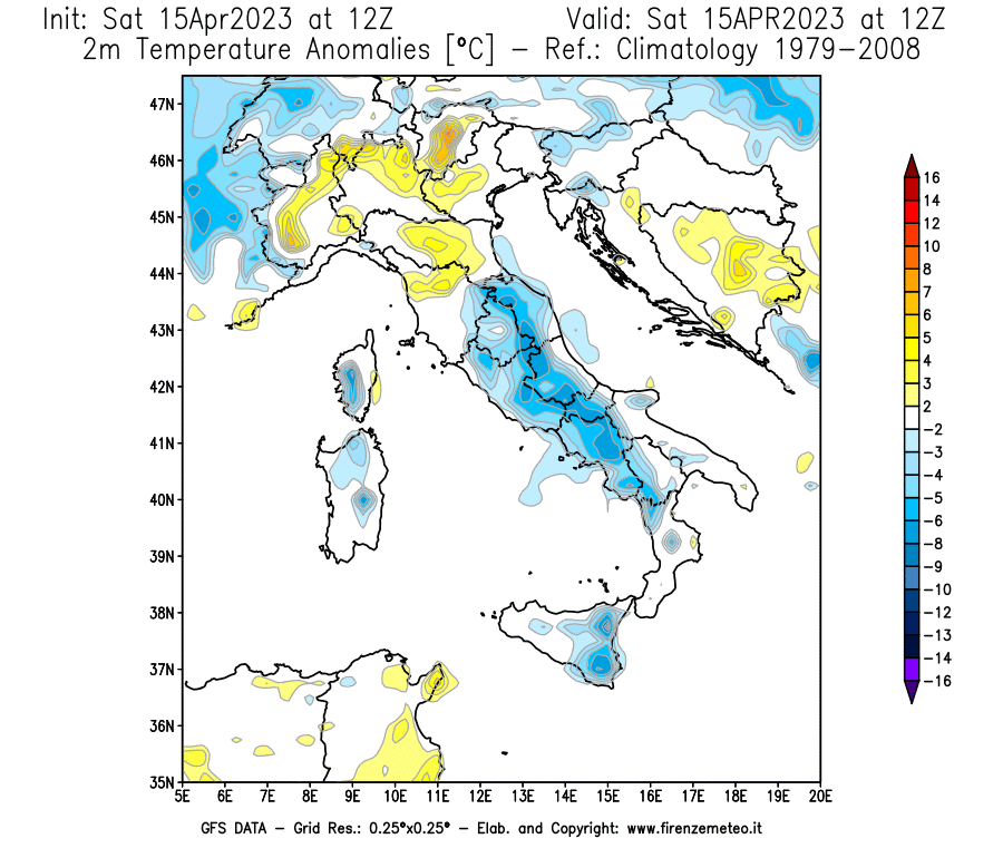 Mappa di analisi GFS - Anomalia Temperatura [°C] a 2 m in Italia
							del 15/04/2023 12 <!--googleoff: index-->UTC<!--googleon: index-->