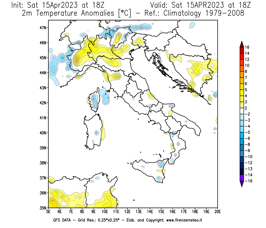 Mappa di analisi GFS - Anomalia Temperatura [°C] a 2 m in Italia
							del 15/04/2023 18 <!--googleoff: index-->UTC<!--googleon: index-->