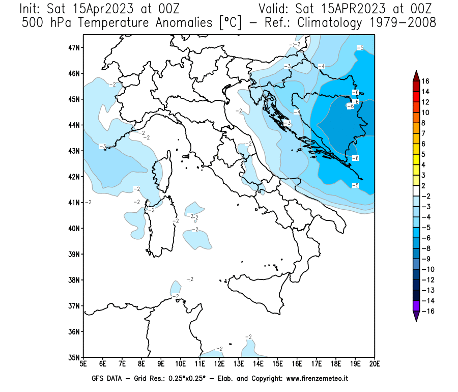 Mappa di analisi GFS - Anomalia Temperatura [°C] a 500 hPa in Italia
							del 15/04/2023 00 <!--googleoff: index-->UTC<!--googleon: index-->