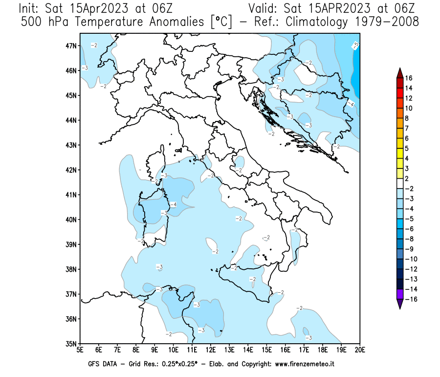GFS analysi map - Temperature Anomalies [°C] at 500 hPa in Italy
									on 15/04/2023 06 <!--googleoff: index-->UTC<!--googleon: index-->