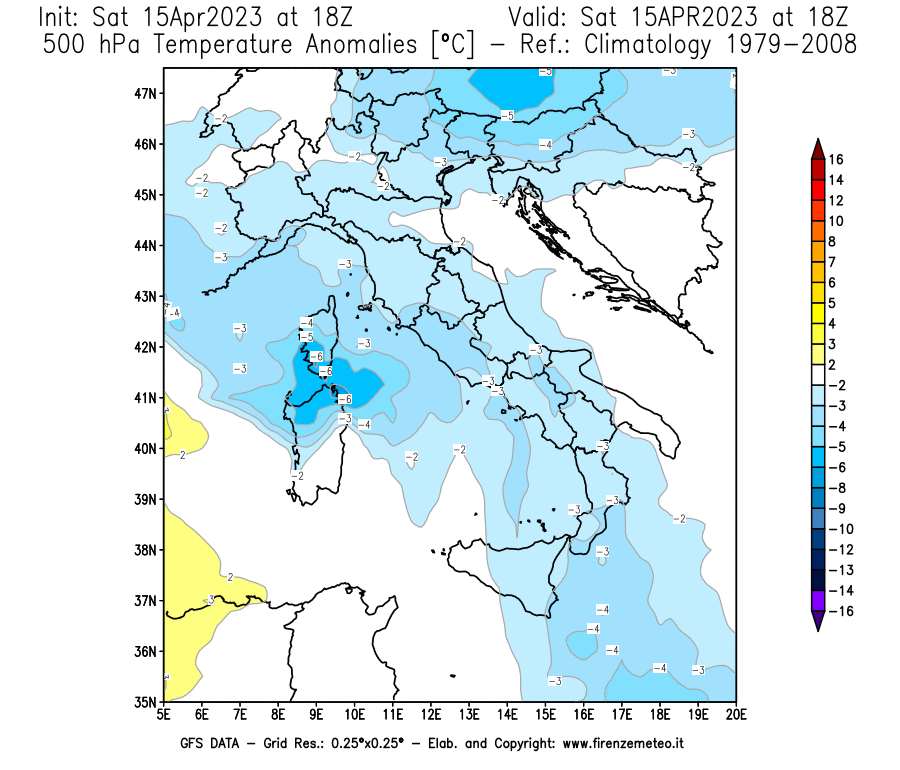 Mappa di analisi GFS - Anomalia Temperatura [°C] a 500 hPa in Italia
							del 15/04/2023 18 <!--googleoff: index-->UTC<!--googleon: index-->