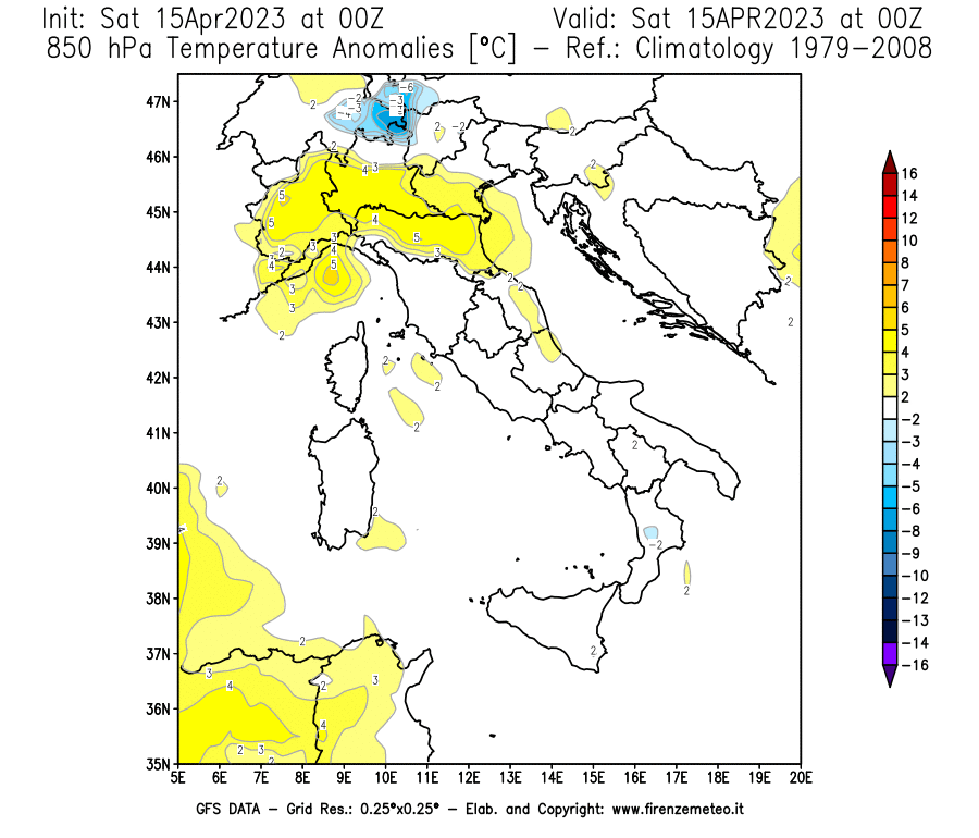 Mappa di analisi GFS - Anomalia Temperatura [°C] a 850 hPa in Italia
							del 15/04/2023 00 <!--googleoff: index-->UTC<!--googleon: index-->