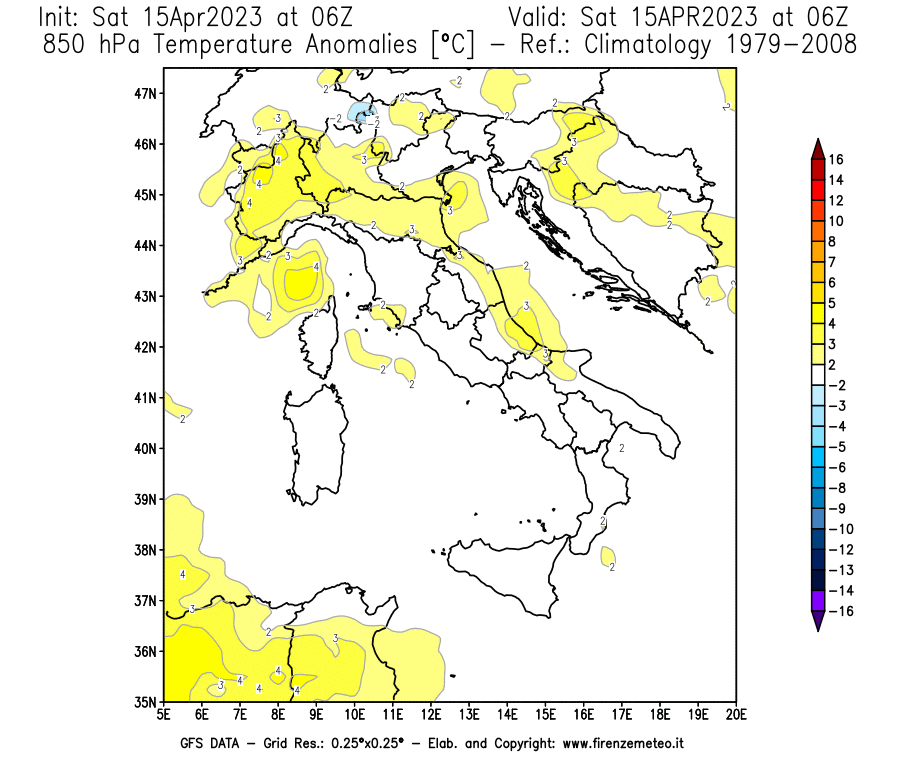 Mappa di analisi GFS - Anomalia Temperatura [°C] a 850 hPa in Italia
							del 15/04/2023 06 <!--googleoff: index-->UTC<!--googleon: index-->