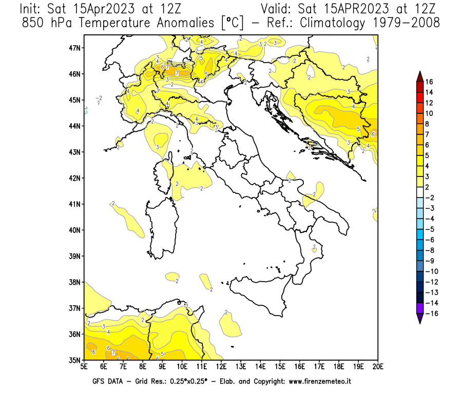 Mappa di analisi GFS - Anomalia Temperatura [°C] a 850 hPa in Italia
							del 15/04/2023 12 <!--googleoff: index-->UTC<!--googleon: index-->