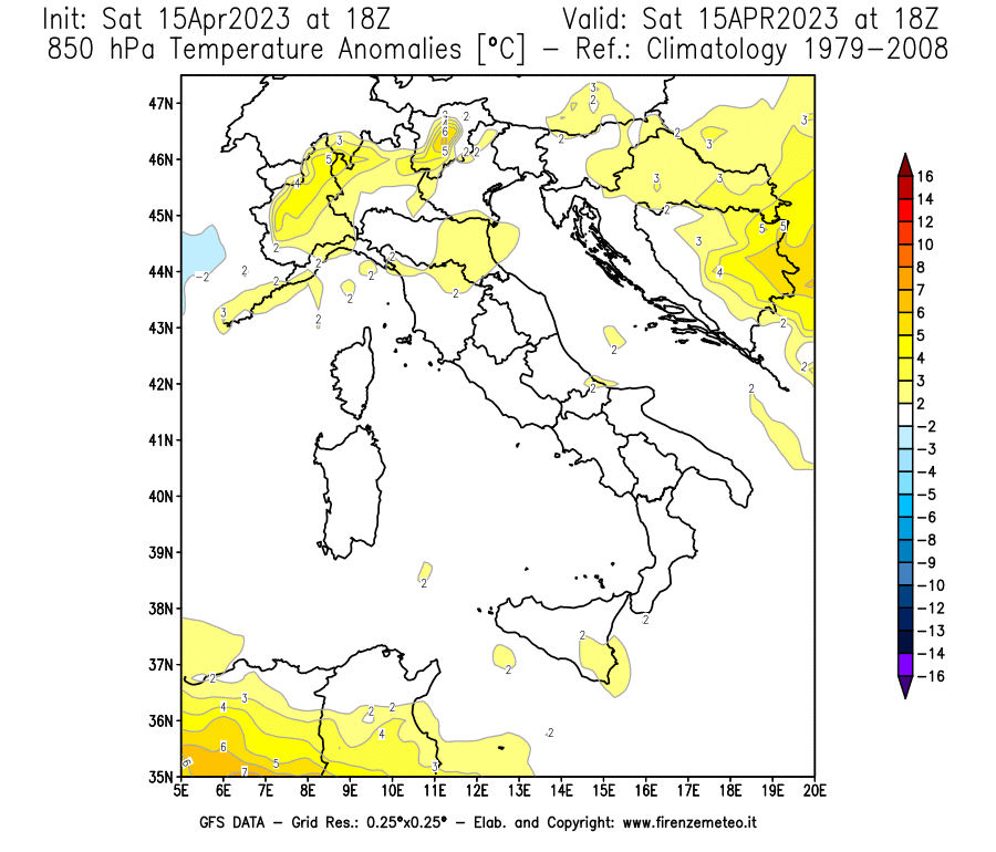 Mappa di analisi GFS - Anomalia Temperatura [°C] a 850 hPa in Italia
							del 15/04/2023 18 <!--googleoff: index-->UTC<!--googleon: index-->